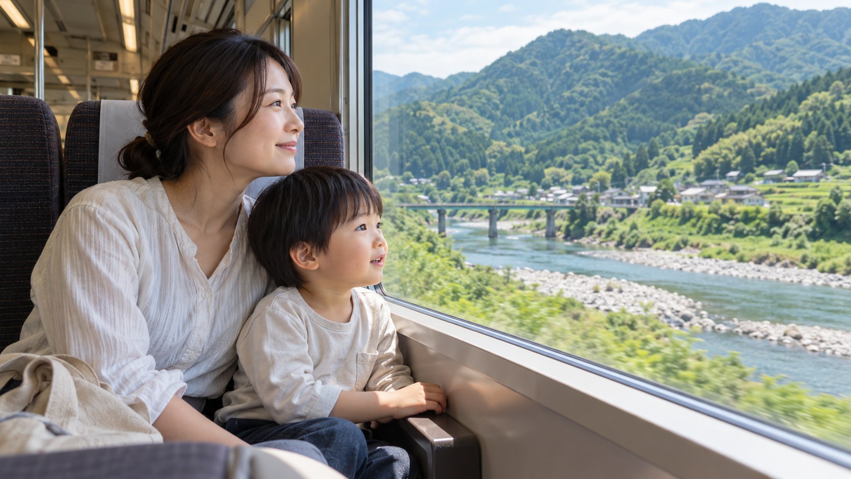 親子で列車の窓から川や山を眺める旅行イメージ