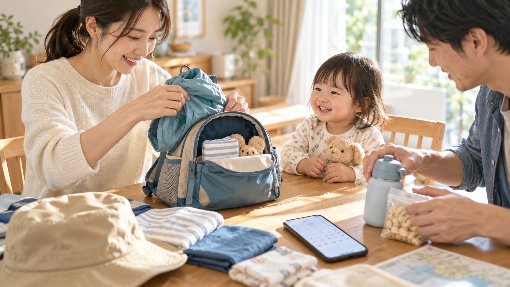 家族で上着・飲み物・子どもの荷物を準備するイメージ