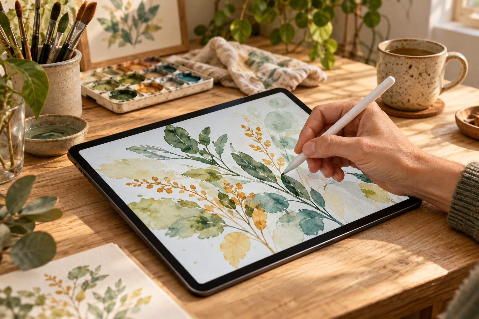 タブレットに植物のイラストを描く制作風景のイメージ