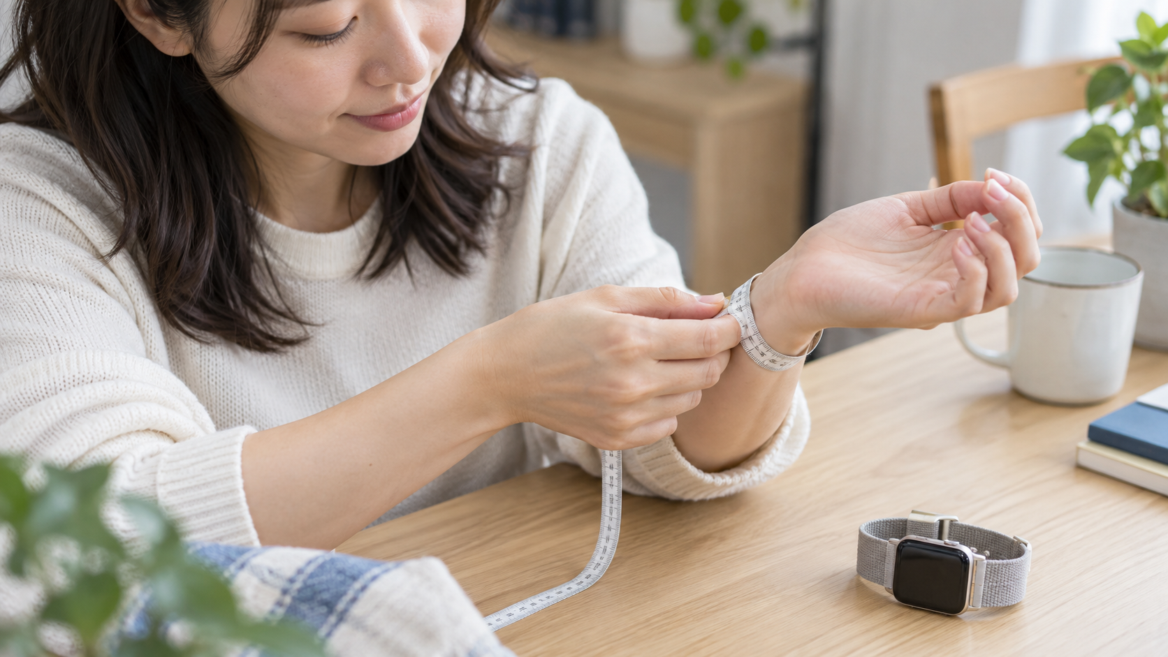 手首に柔らかいメジャーを巻いて長さを測る女性の生活イメージ
