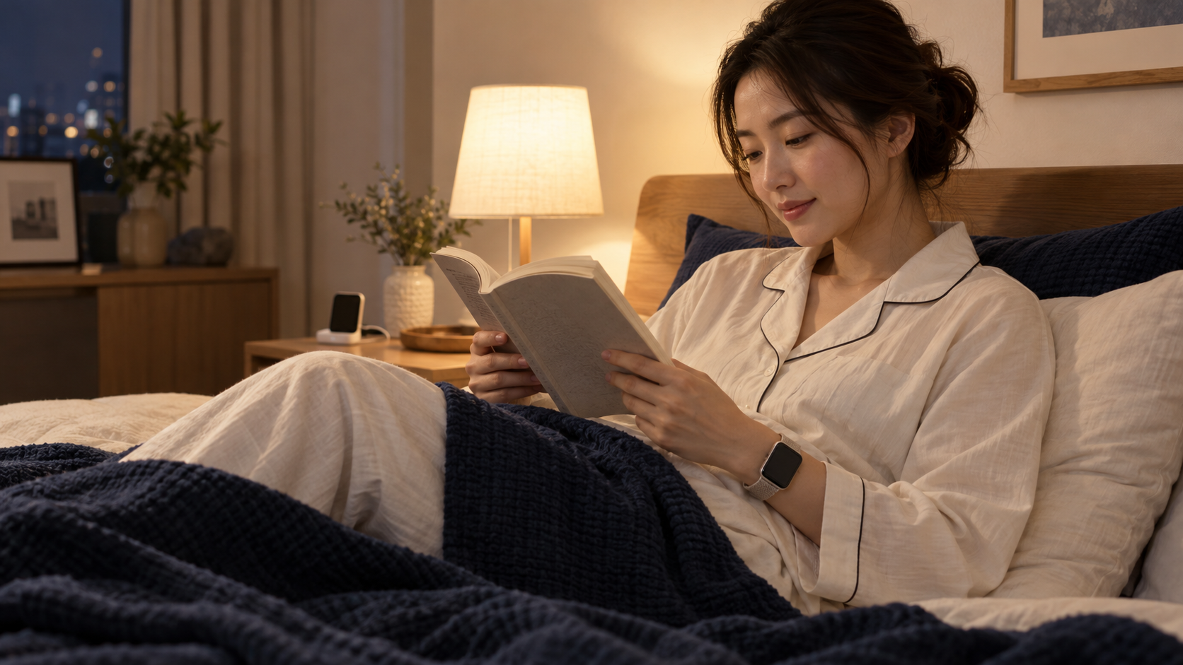 就寝前に本を読み、小型の時計を着けてくつろぐ女性の生活イメージ