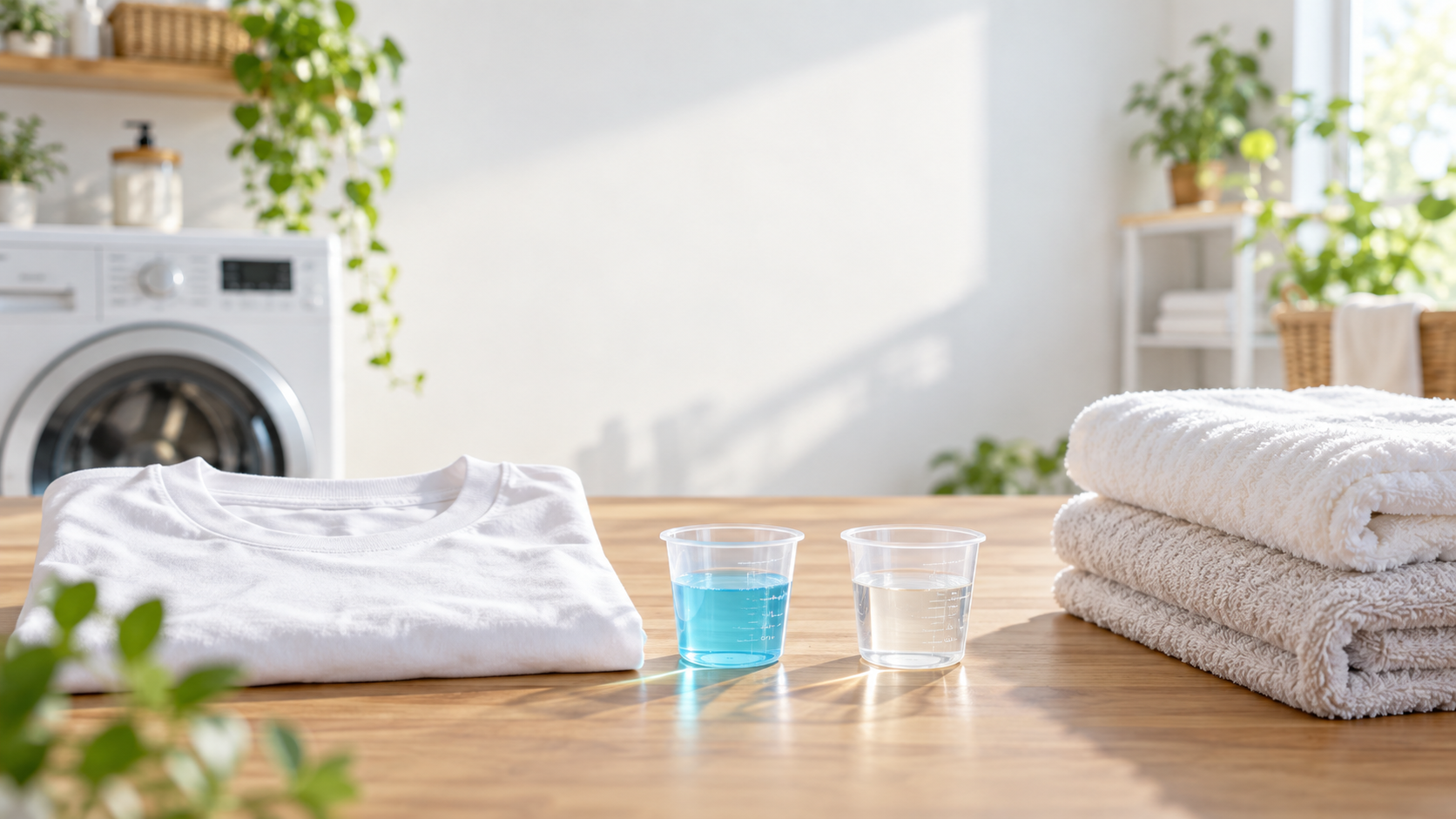白いシャツとタオルを並べて洗剤選びを考えるイメージ。実在する商品ではありません
