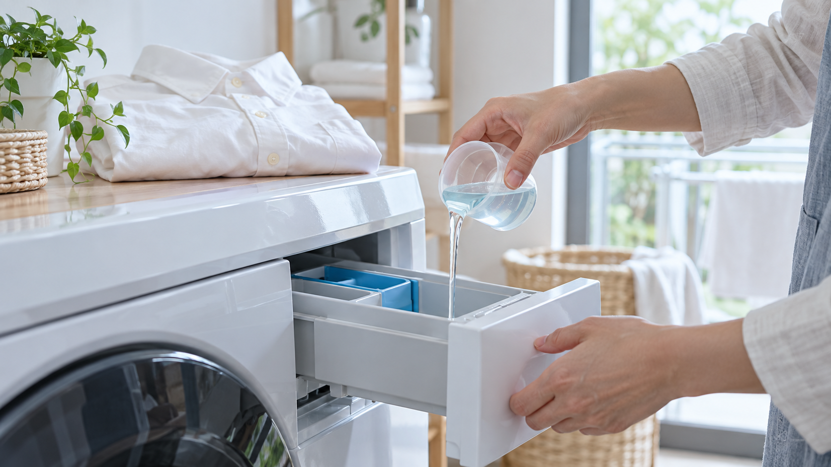 洗剤の計量と投入をイメージした写真。実在する商品ではありません