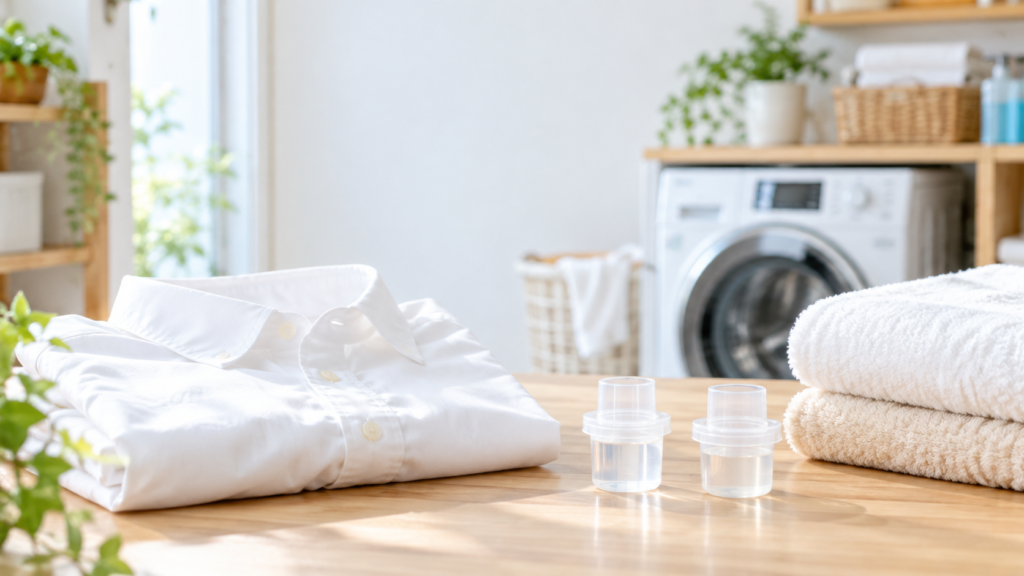 洗濯物を干した明るいランドリールームのイメージ。実在する洗剤商品ではありません