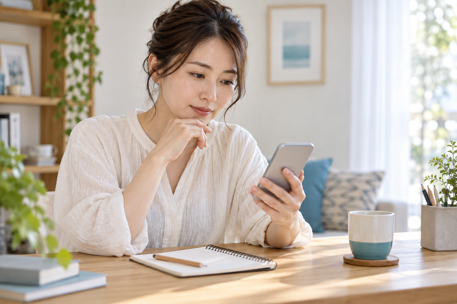 スマートフォンを見ながら通信量を確認する女性のイメージ
