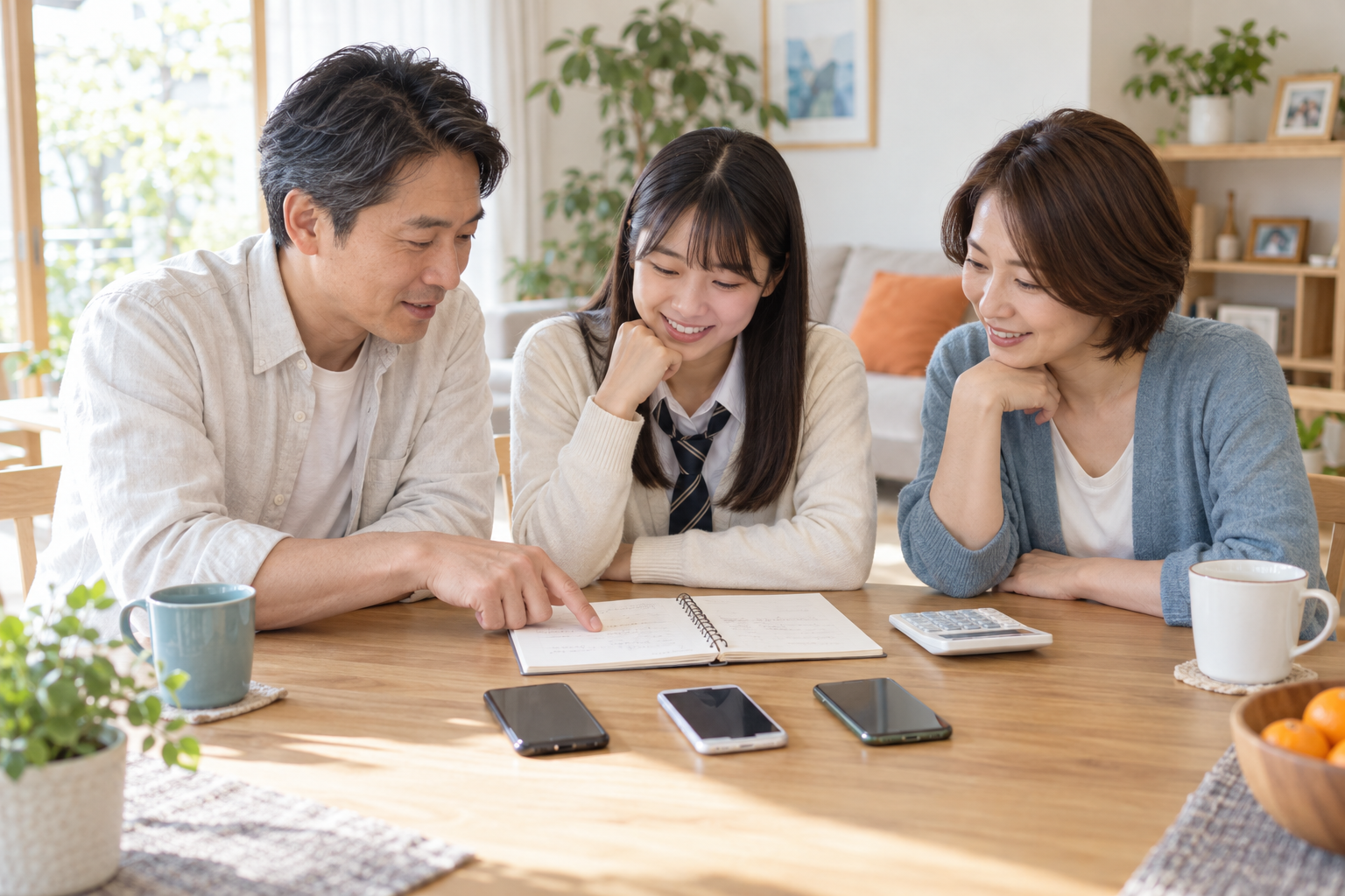 家族3人でスマートフォンの料金を相談するイメージ