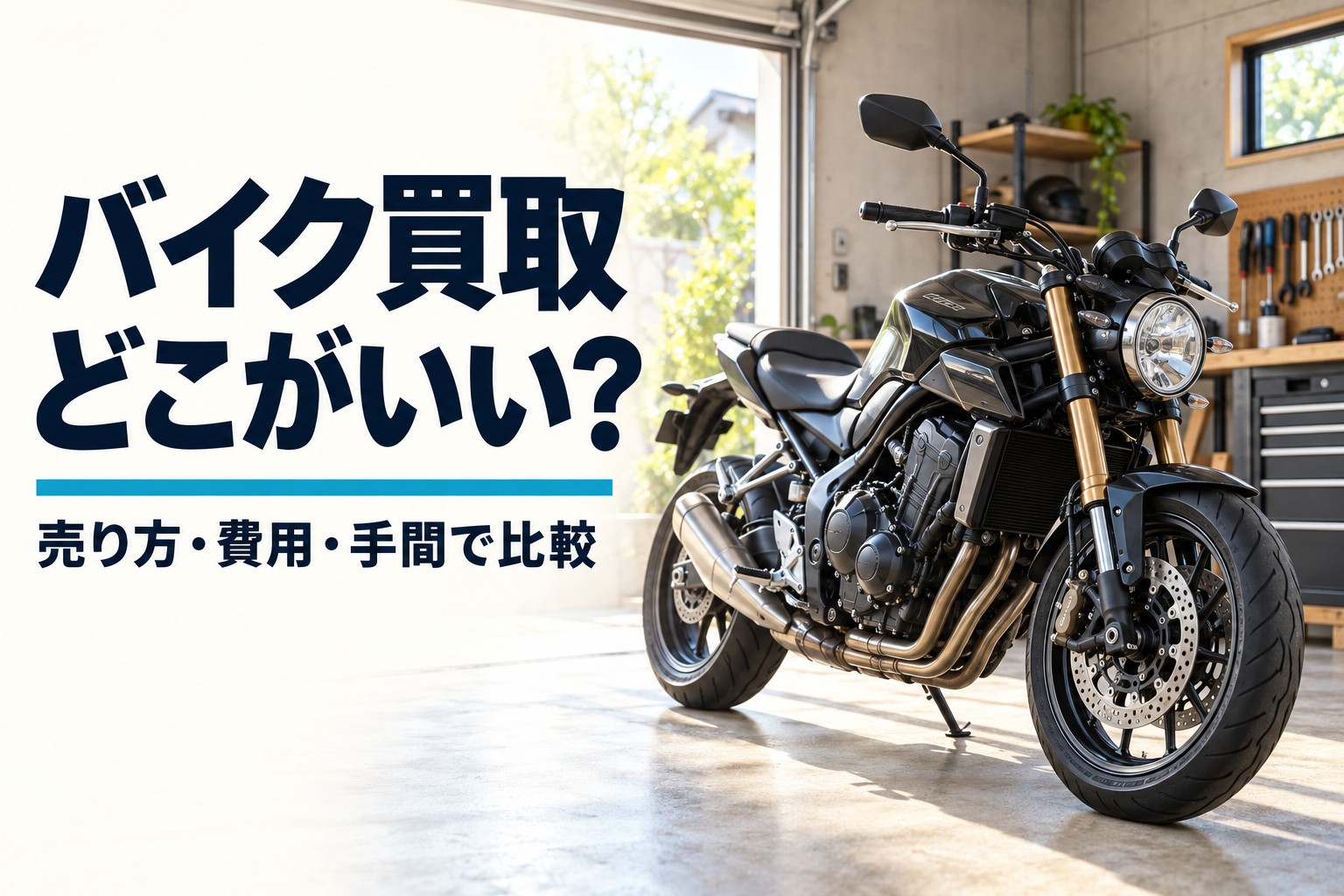 バイク買取どこがいい?売り方・費用・手間で比較する記事のアイキャッチ(実写風AI生成)
