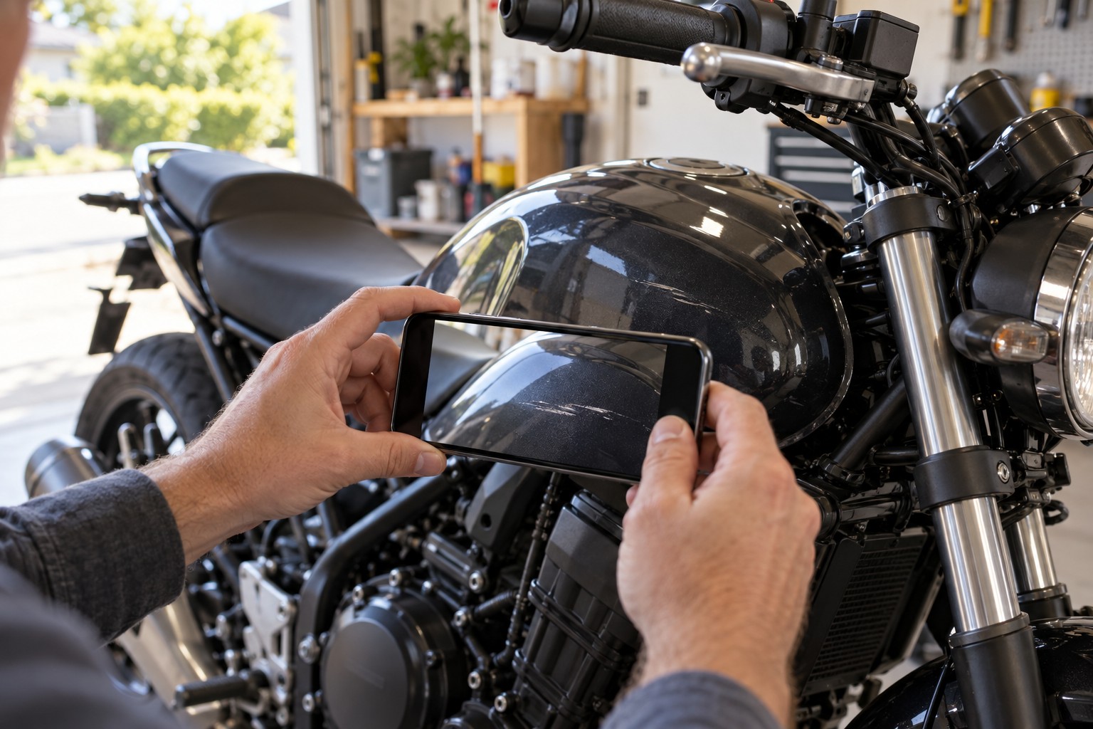 明るいガレージでバイクの傷をスマートフォンで記録するイメージ