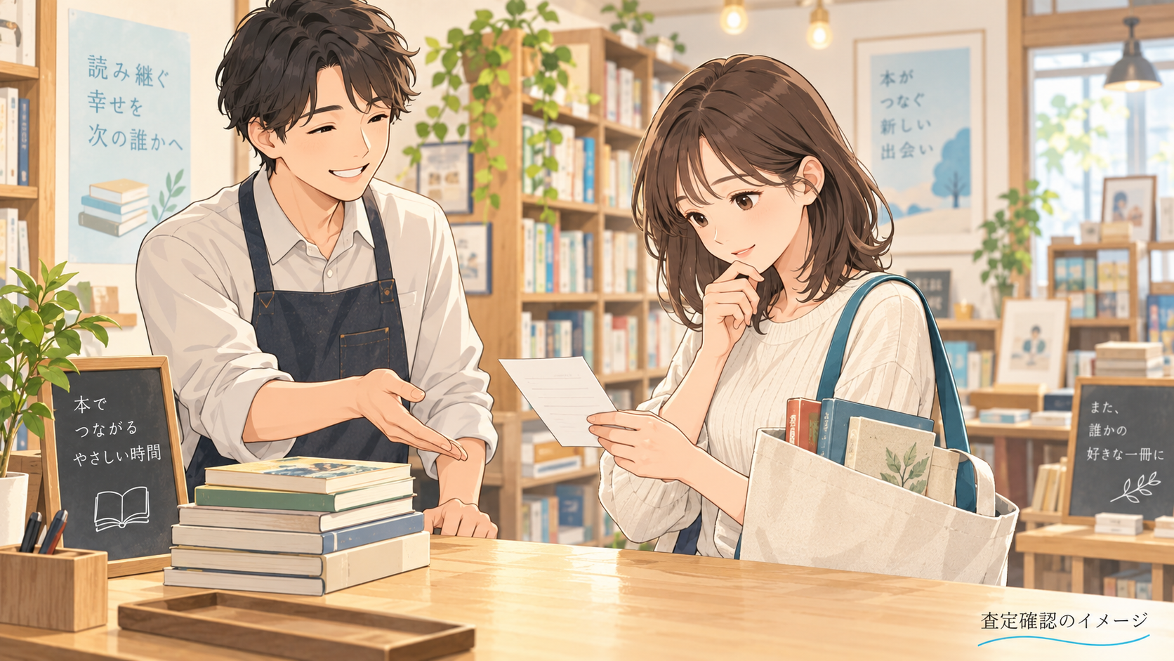 中古書店のカウンターで、本の査定内容を承諾前に確認するイメージ