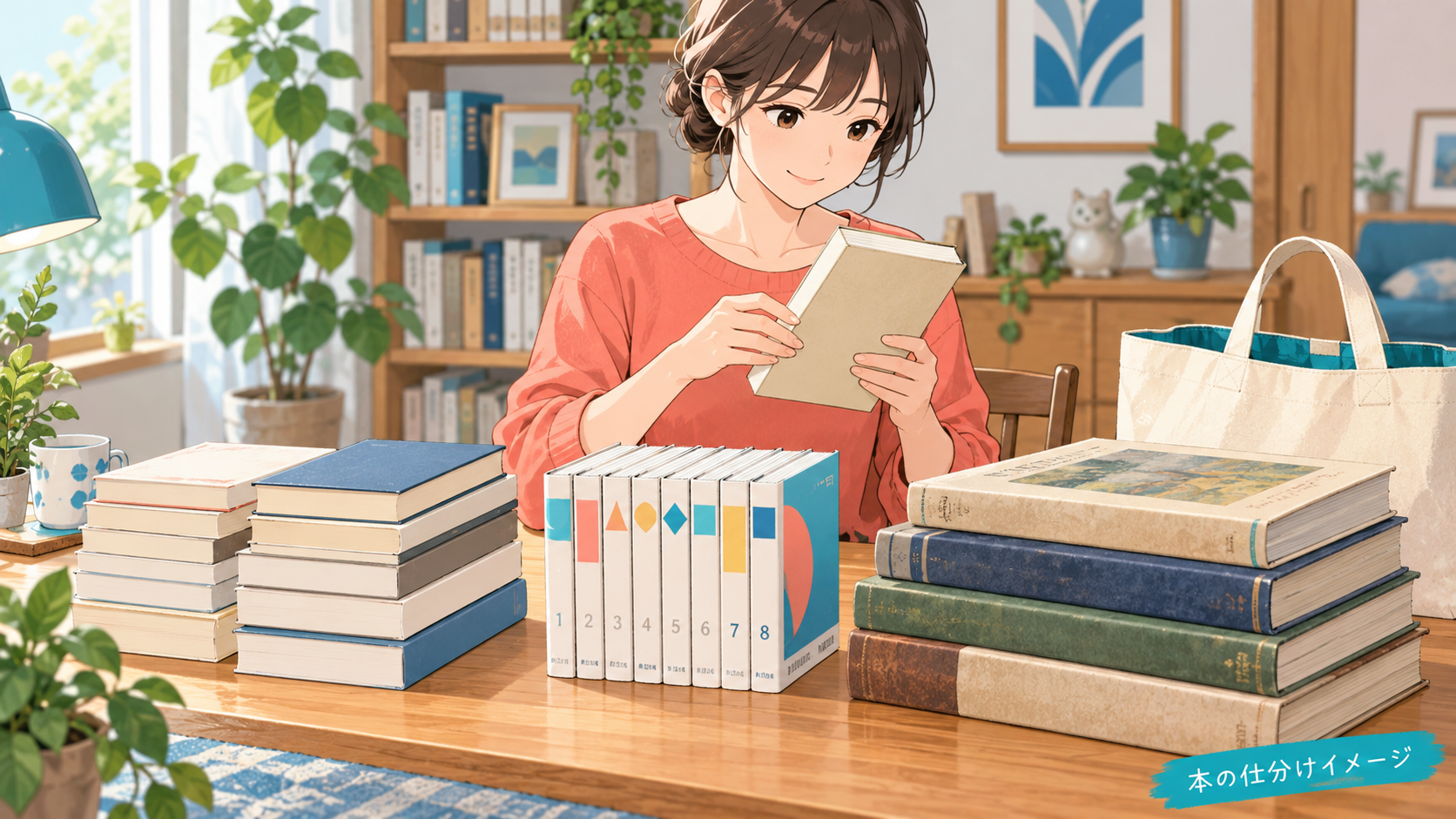 一般書、巻数をそろえた漫画、古い専門書を分けて持ち込み準備をするイメージ