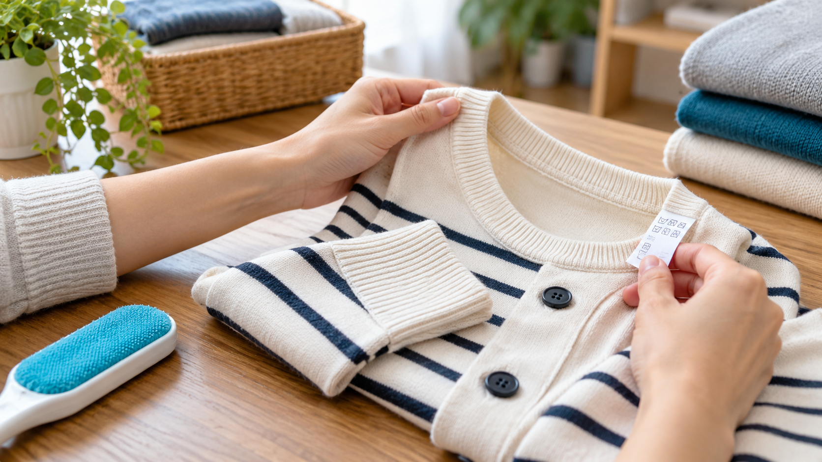 服の襟や品質表示タグ、毛玉などを査定前に確認する生成イメージ