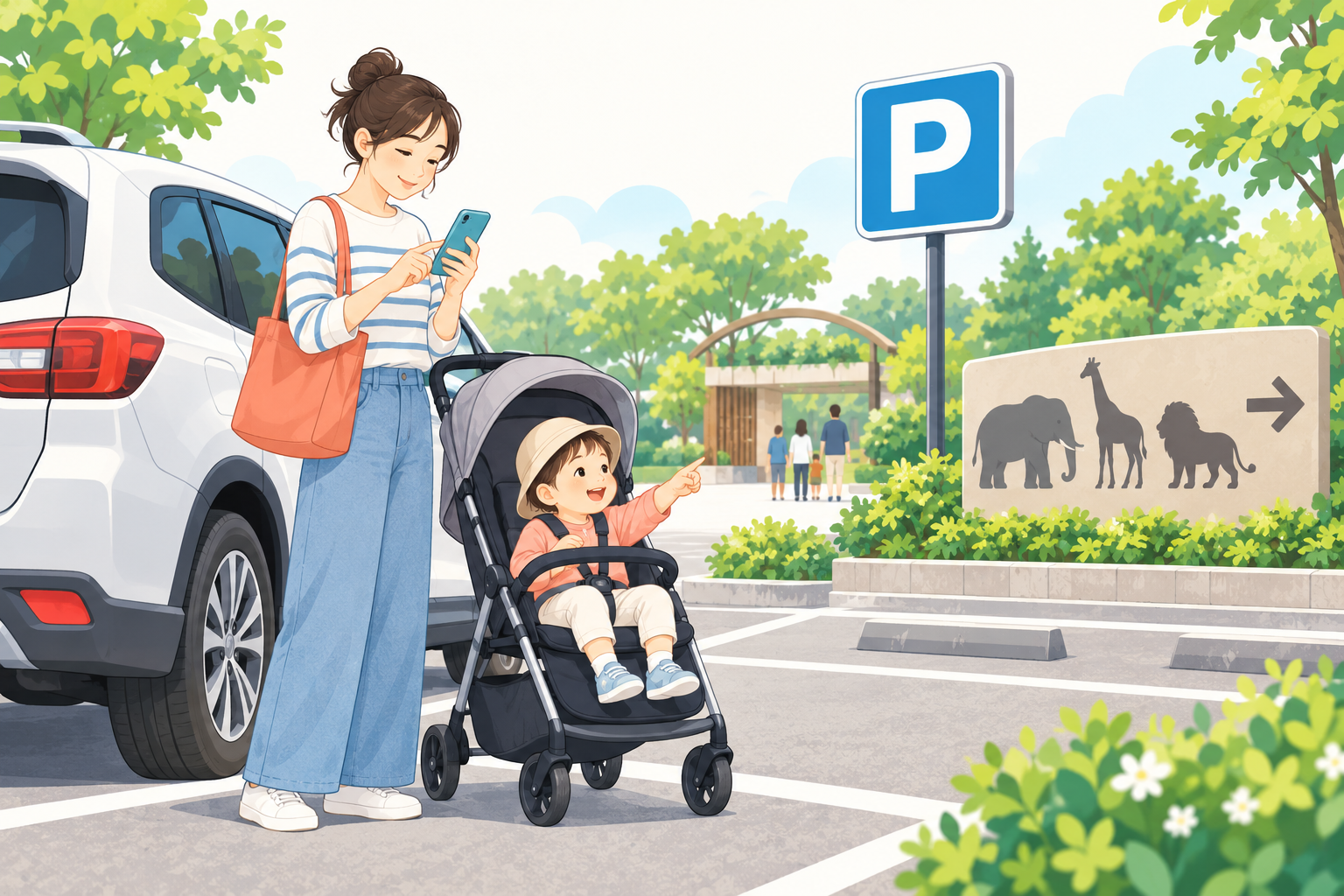 子連れで駐車場と入口を確認するイメージイラスト
