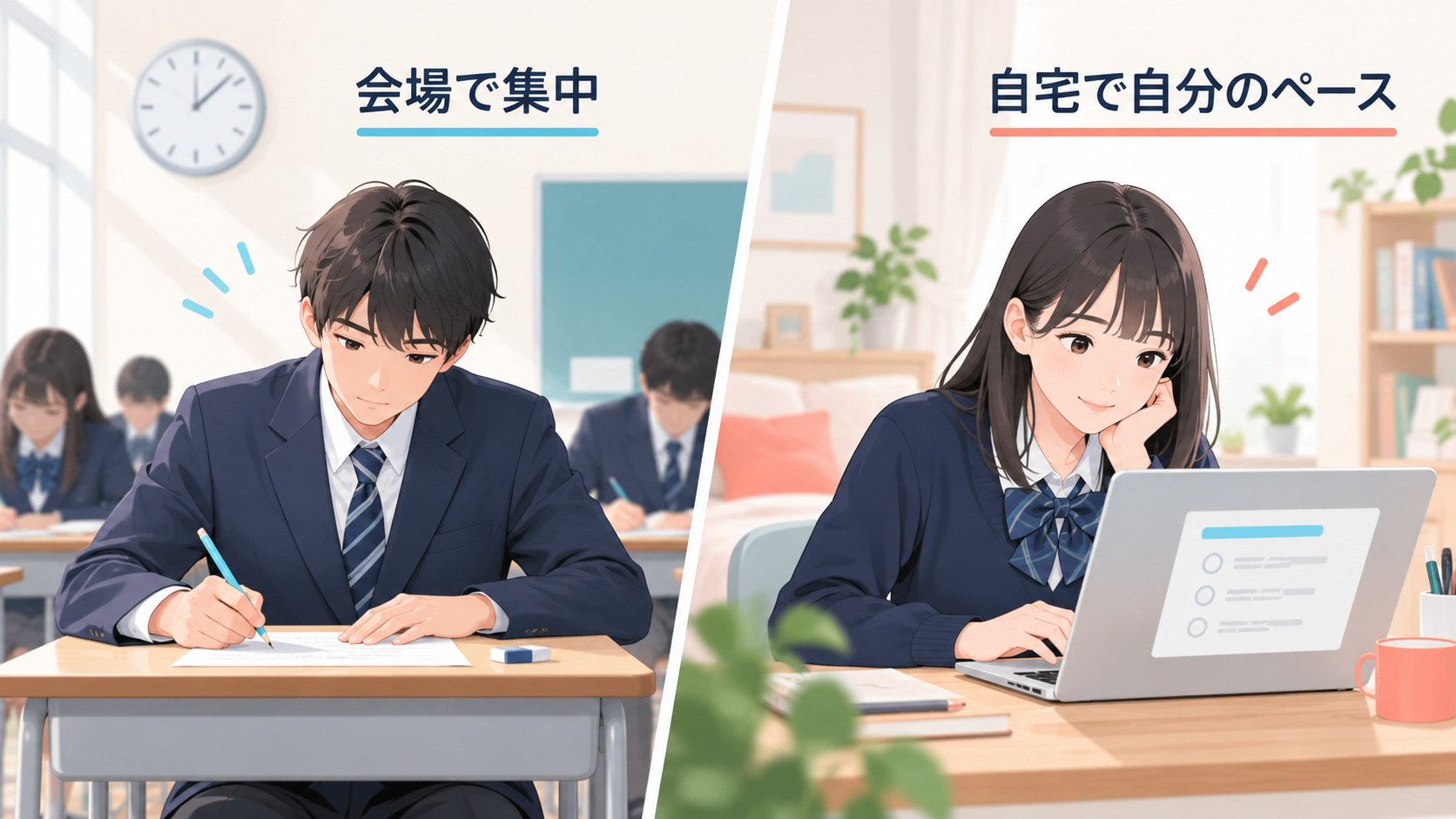 会場受験と自宅オンライン受験の学習場面を比較したイラスト