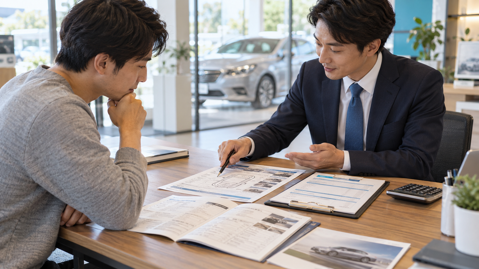 中古車の検査証明書や見積書を比較する様子。210系クラウンの実車ではない生成イメージ