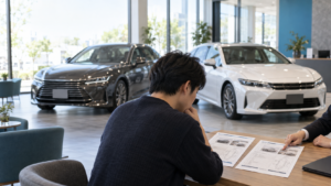 中古車を比較検討する様子。210系クラウンアスリートの実車ではない生成イメージ