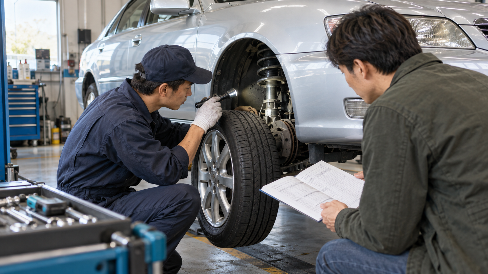中古車の足回りと整備記録を確認する様子。210系クラウンの実車ではない生成イメージ