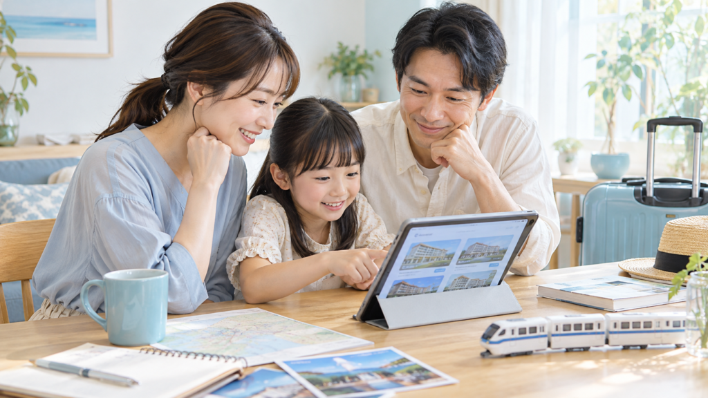 ホテルと旅行日程を相談する家族の一般的なイメージ（AI生成）