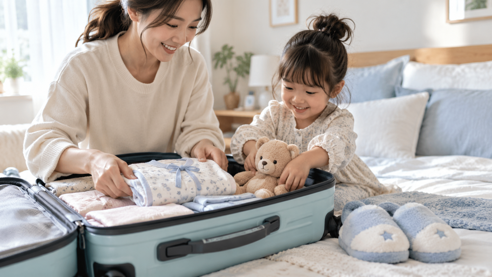 子どものパジャマや旅行用品を準備する家族の一般的なイメージ