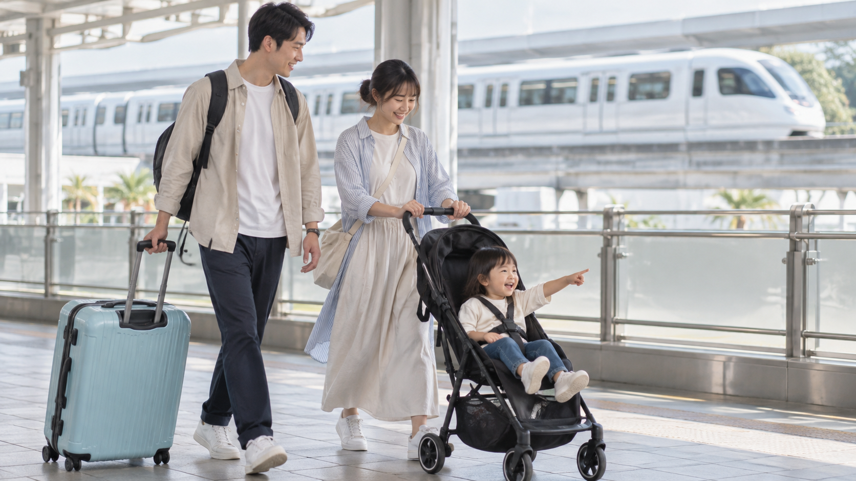 ベビーカーとスーツケースを持って移動する家族の一般的な旅行イメージ