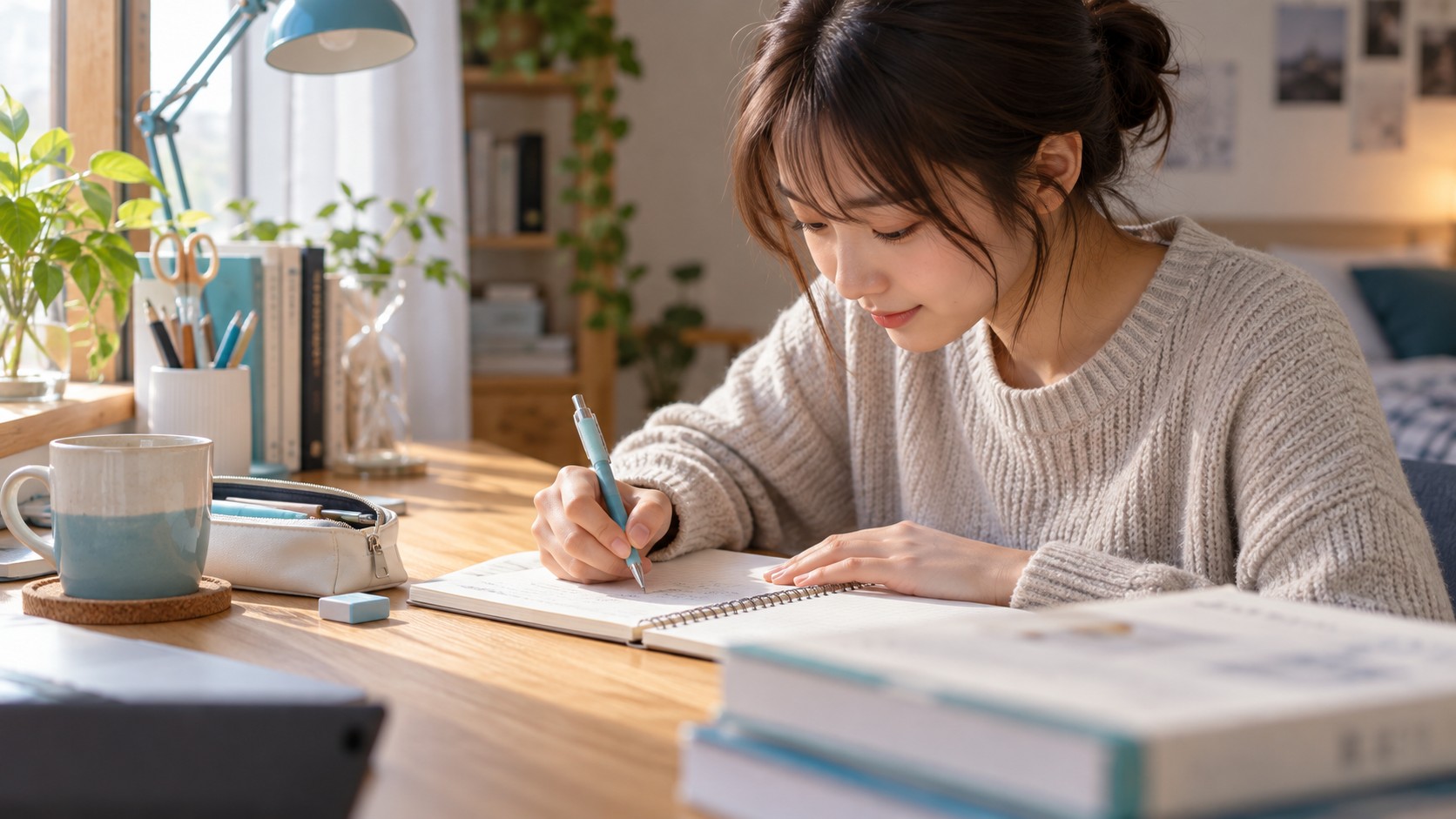 太めのグリップの筆記具でノートを書く学習場面のイメージ