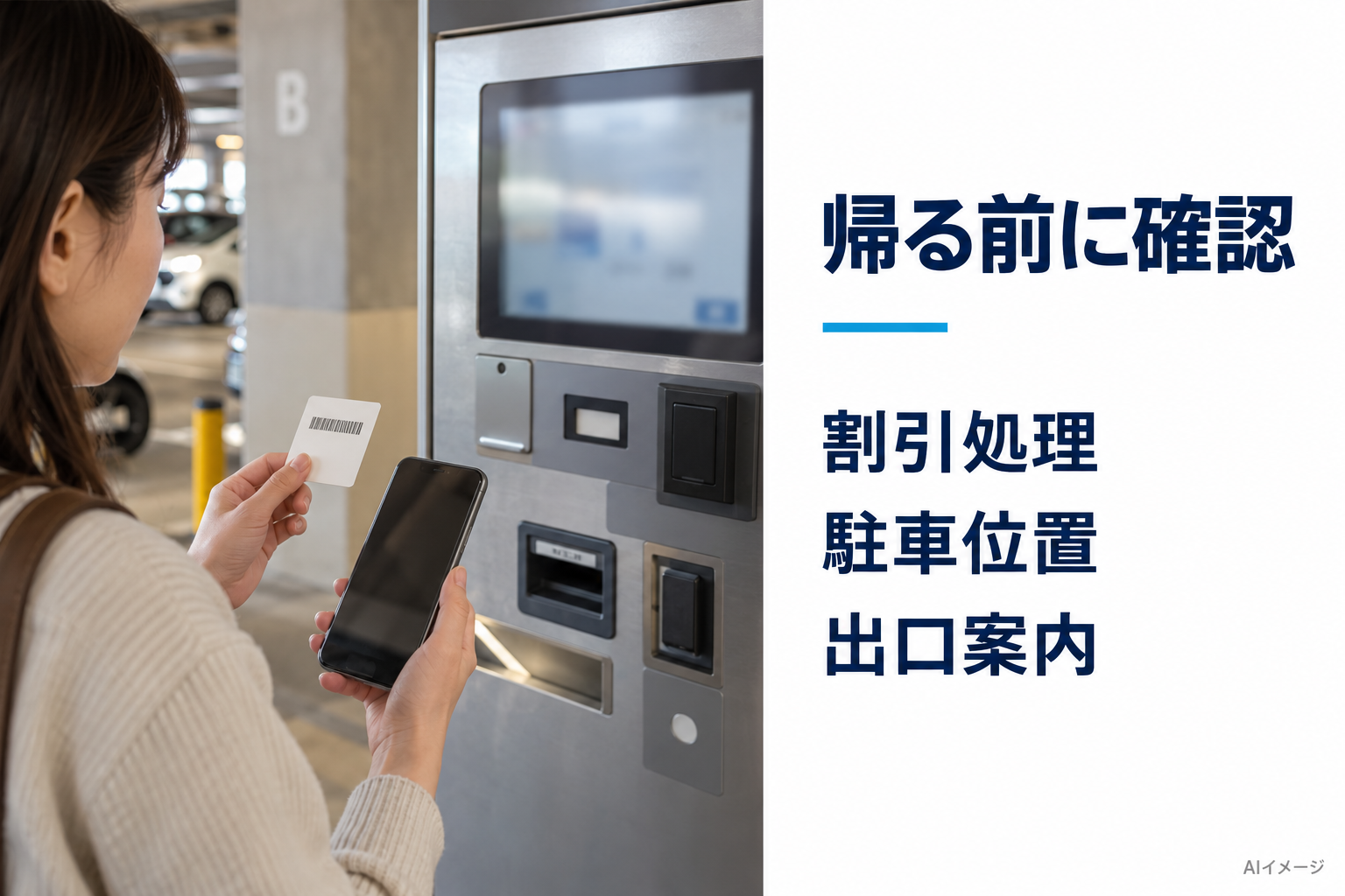 割引処理・駐車位置・出口案内を帰る前に確認するAI生成イメージ