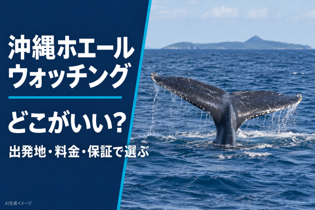 沖縄ホエールウォッチングはどこがいい？出発地・料金・保証で選ぶ。ザトウクジラの実写風AI生成イメージ