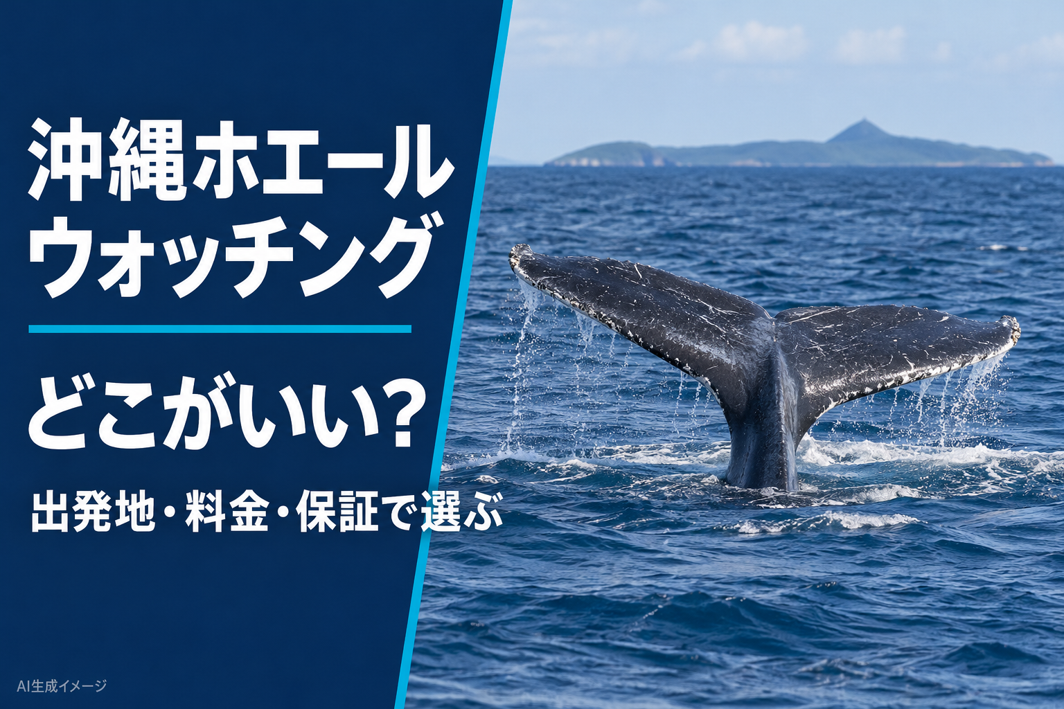 沖縄ホエールウォッチングはどこがいい？出発地・料金・保証で選ぶ。ザトウクジラの実写風AI生成イメージ