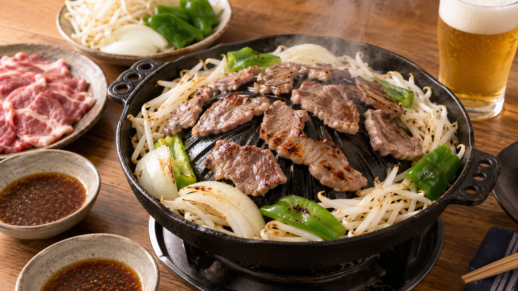 ラム肉と野菜をジンギスカン鍋で焼く料理イメージ