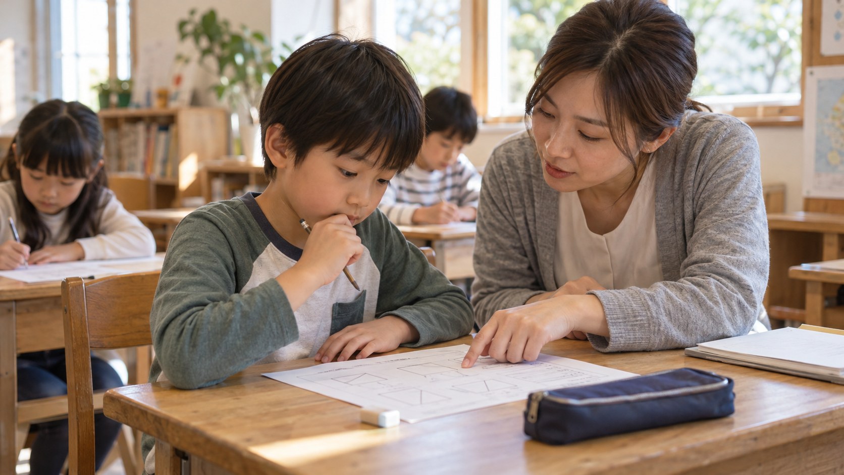 子どもが図を見ながら考え、先生がそばで助言する学習風景のイメージ