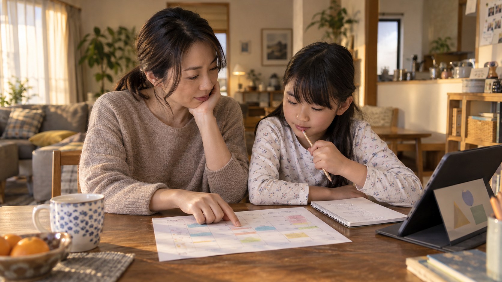 親子で週間予定と家庭学習の時間を相談するイメージ