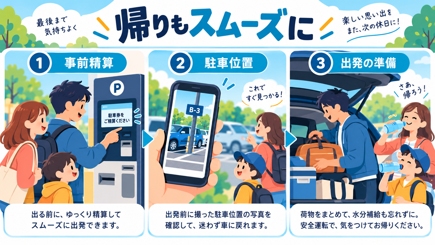 事前精算、駐車位置の確認、荷物と水分補給を済ませて帰るイメージ