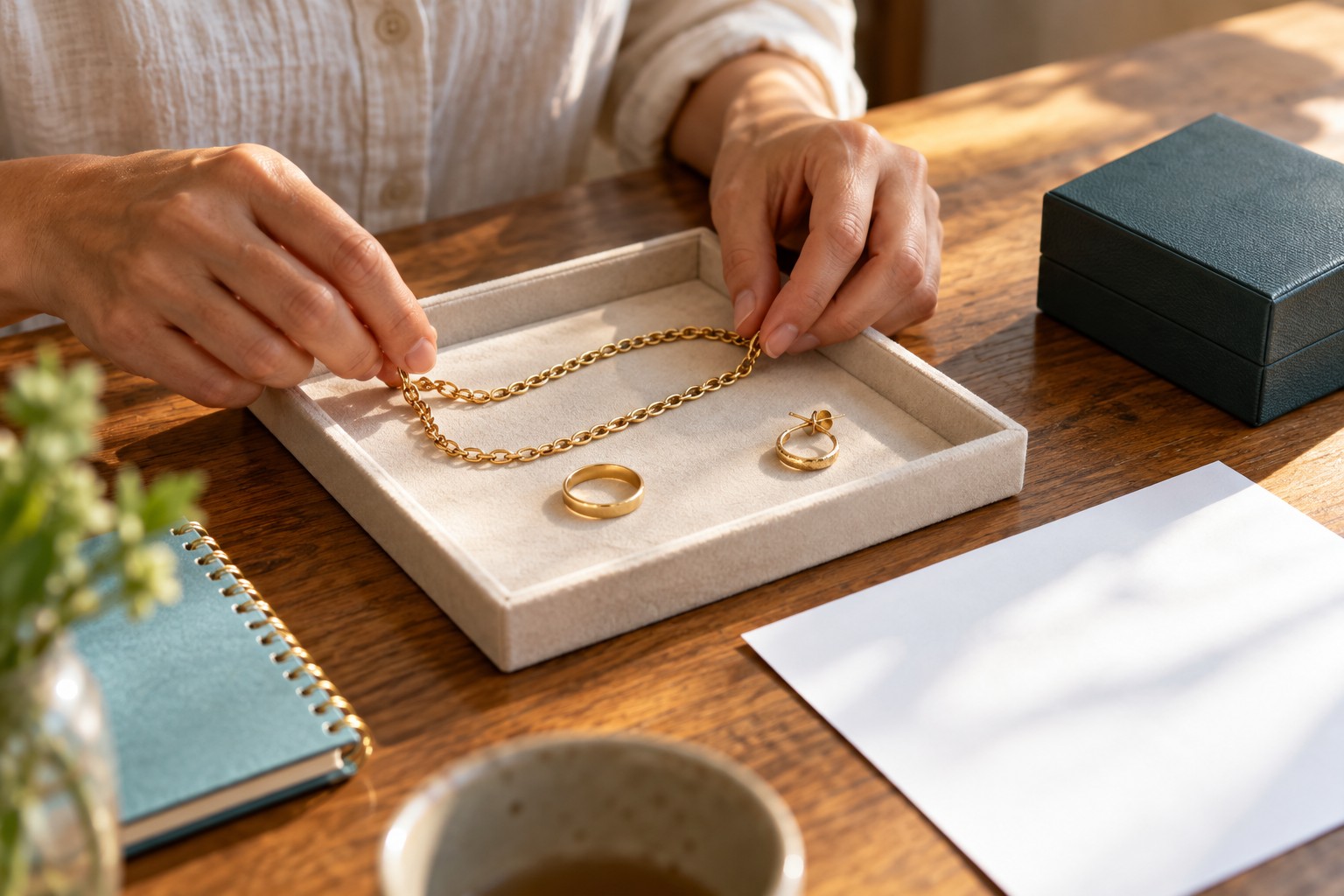金色のアクセサリーと箱を整理する売却準備のイメージ