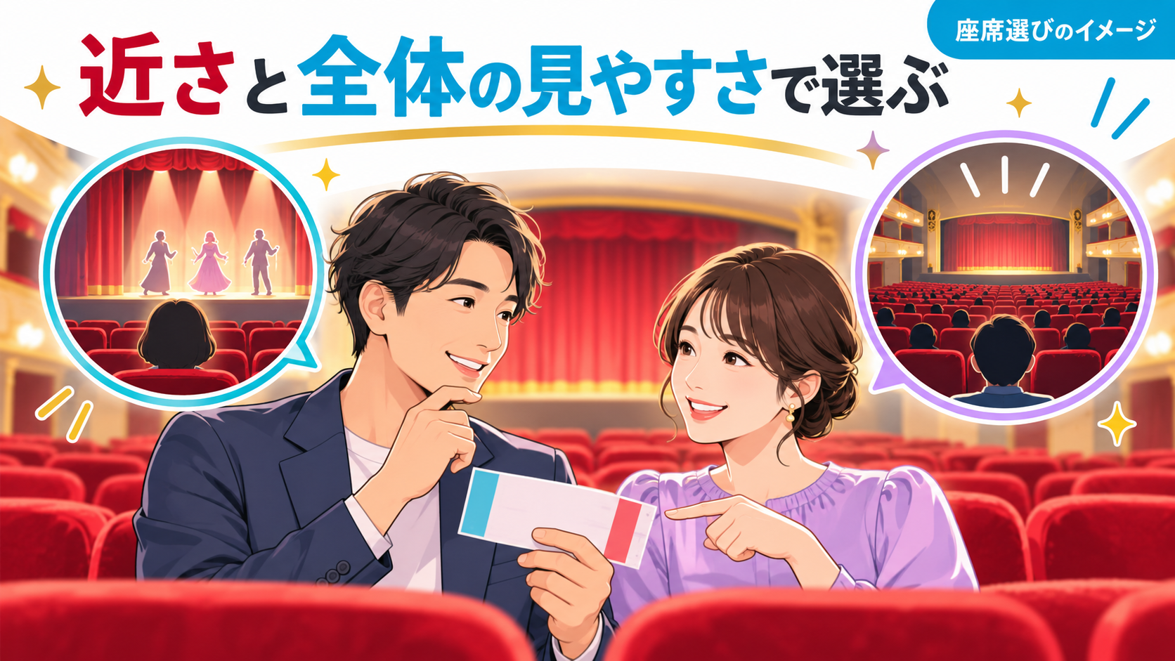 舞台に近い席と全体を見渡す席の選び方を示したAI生成イラスト