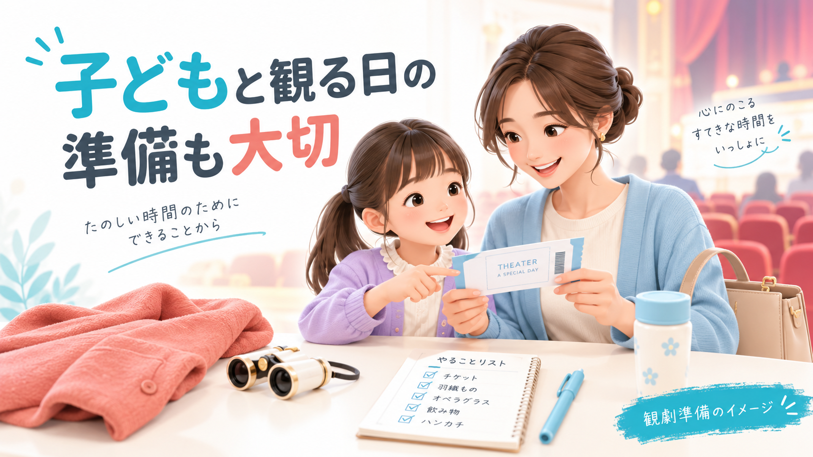 親子でチケットと観劇の持ち物を確認するAI生成イラスト