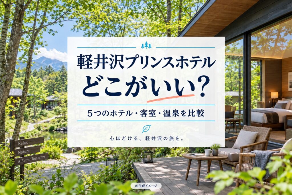 軽井沢プリンスホテルどこがいい？5つのホテル・客室・温泉を比較するAI生成イメージ