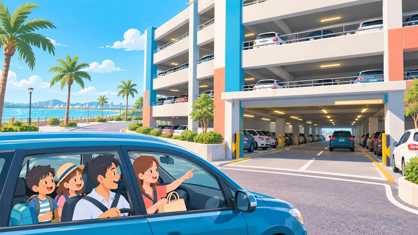家族が車で駐車場へ向かう生成イメージ