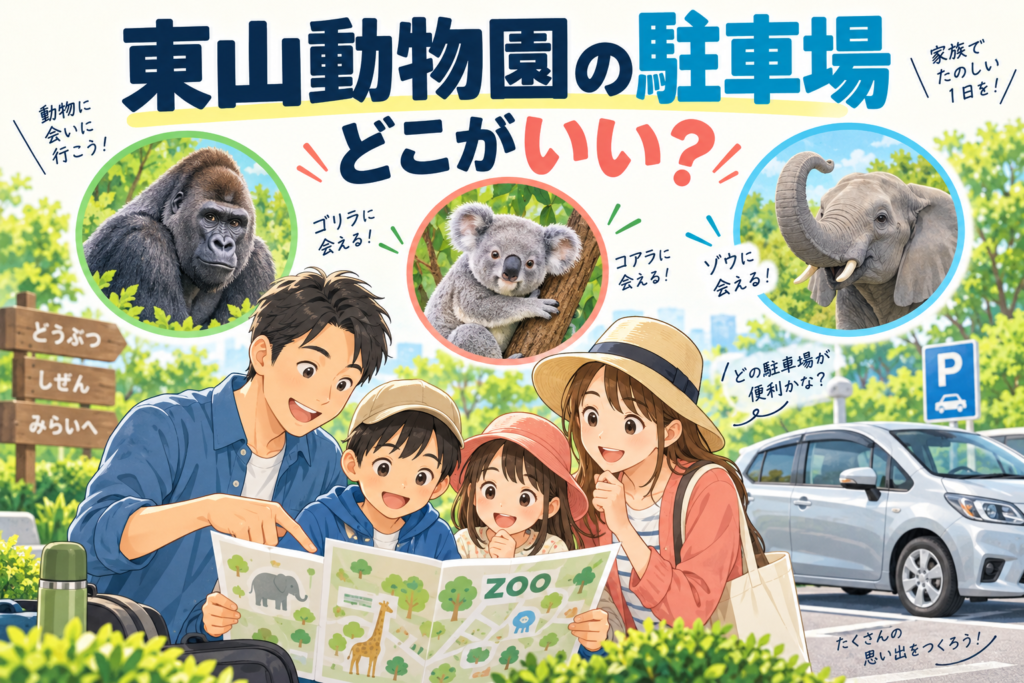 東山動物園の駐車場はどこがいい？動物と家族の生成イラスト