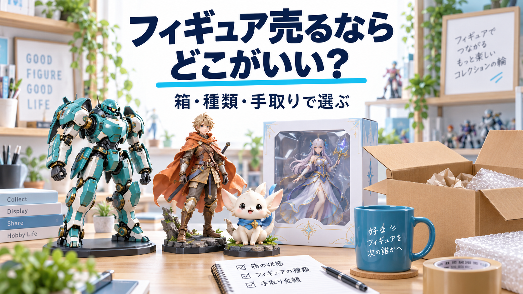 箱や種類、手取りでフィギュアの売り先を選ぶイメージ。AI生成の架空フィギュア