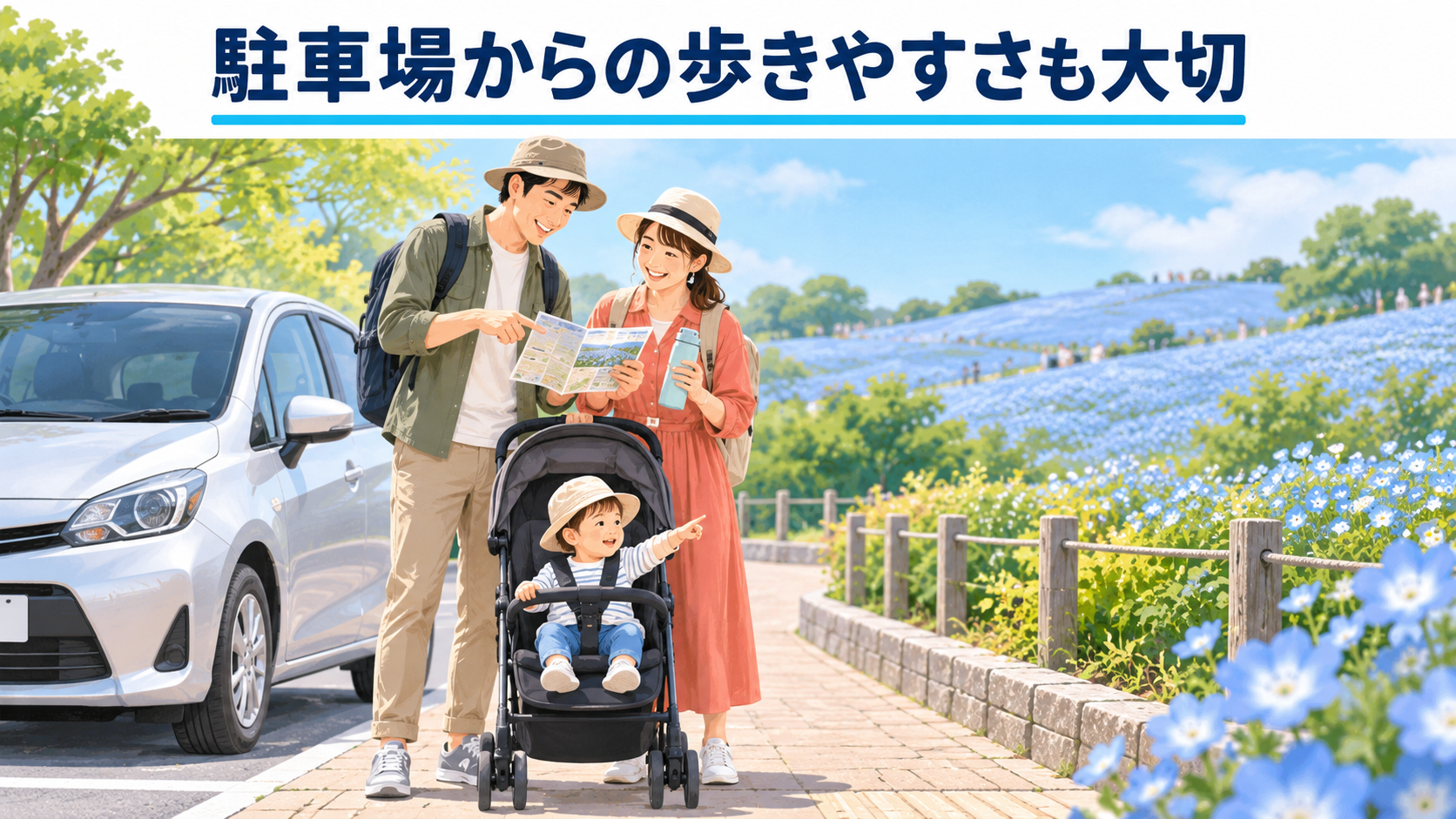 子連れで駐車場からの歩きやすさを考えるイラスト