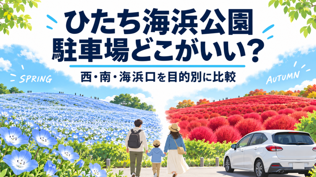 ひたち海浜公園の西・南・海浜口駐車場を目的別に比較する記事のイラスト