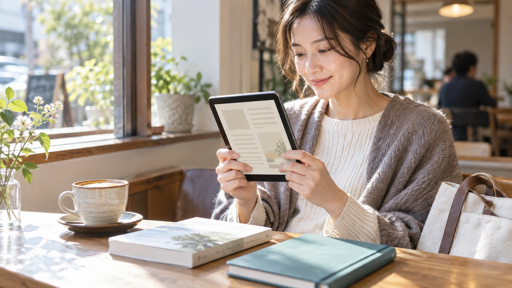 カフェで小型タブレットを持ち読書するイメージ