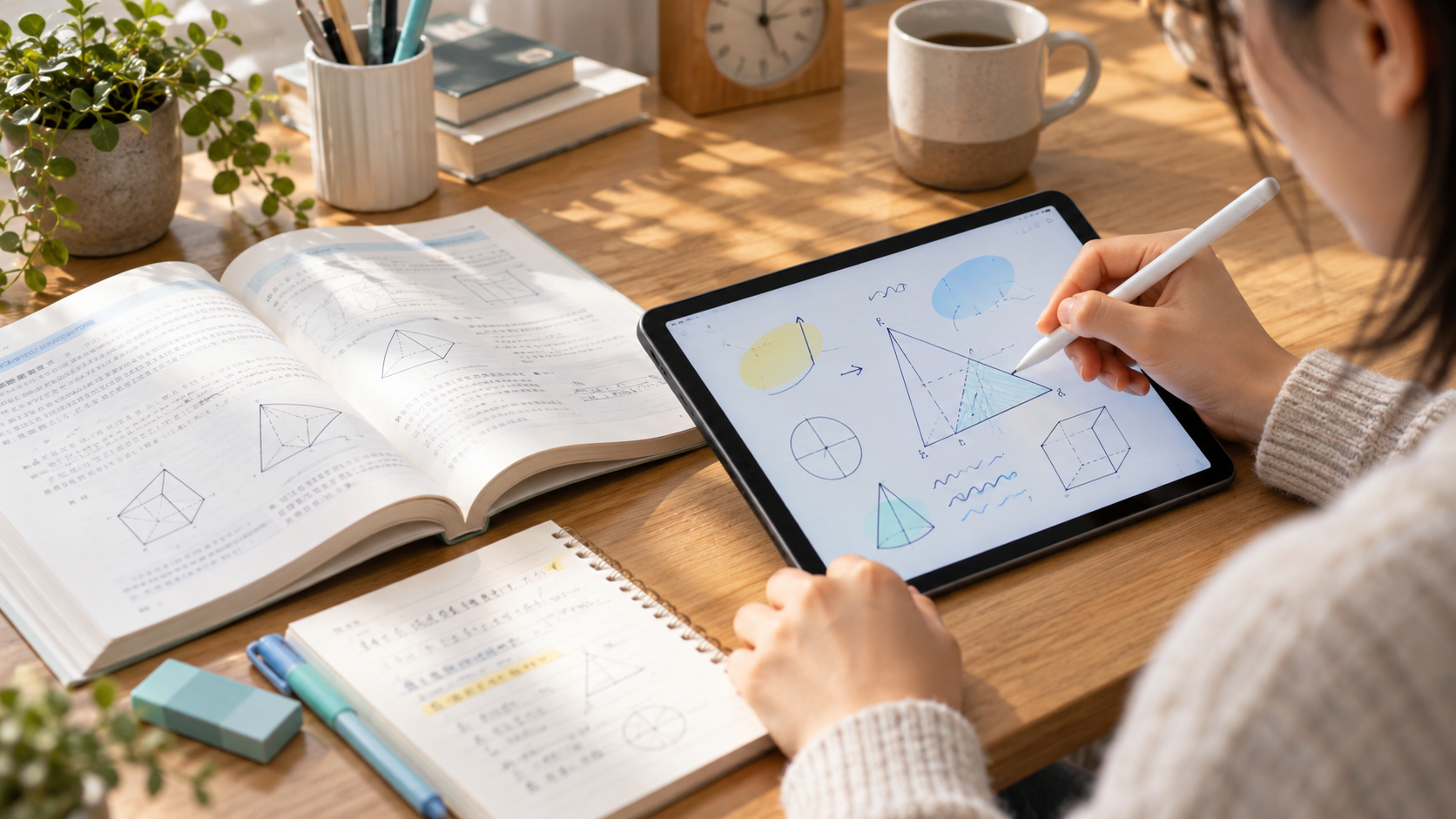 タブレットと教科書を並べて手書きで学習するイメージ