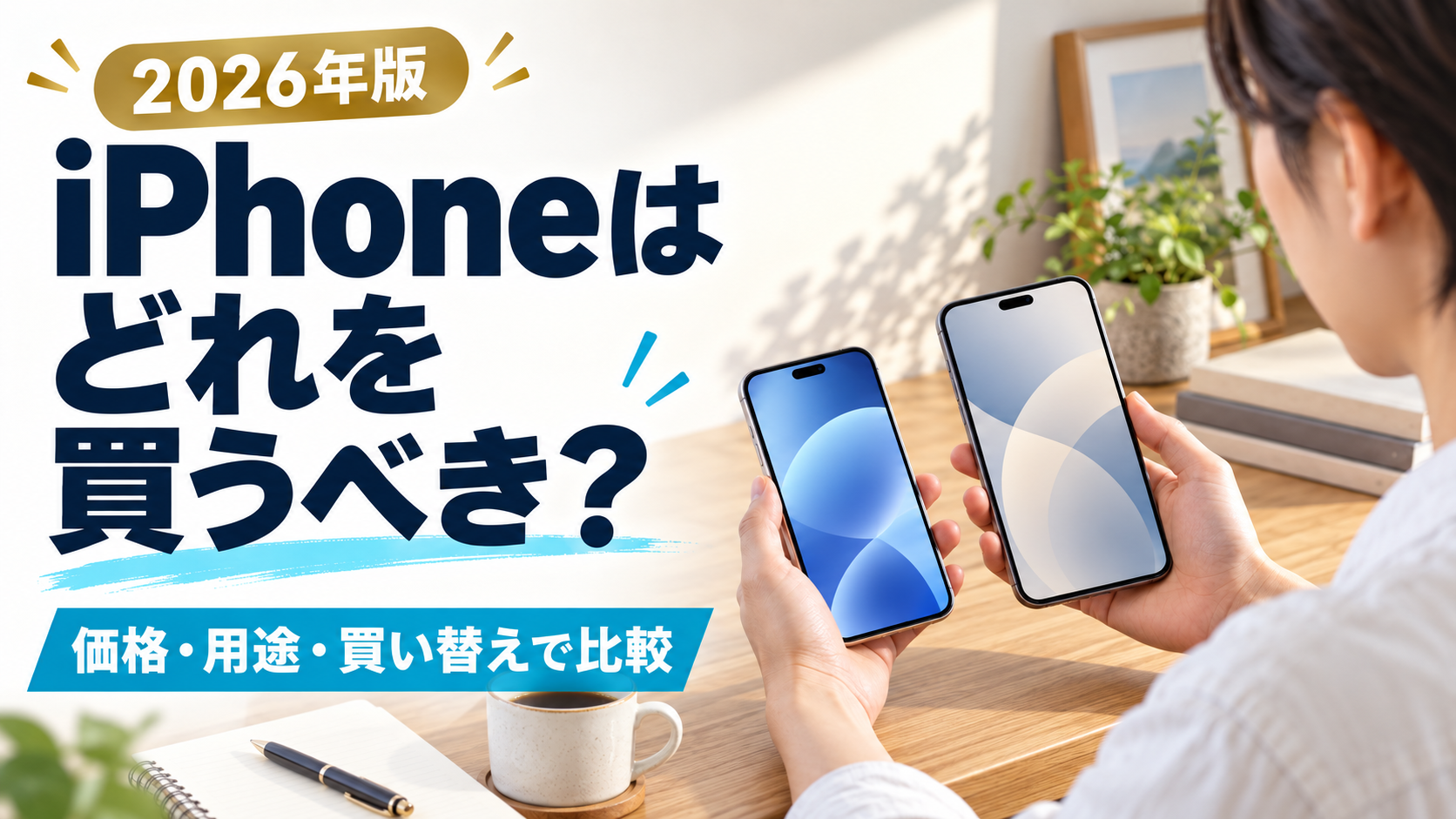 iPhoneはどれを買うべき?価格・用途・買い替えで比較するタイトル入りAI生成アイキャッチ