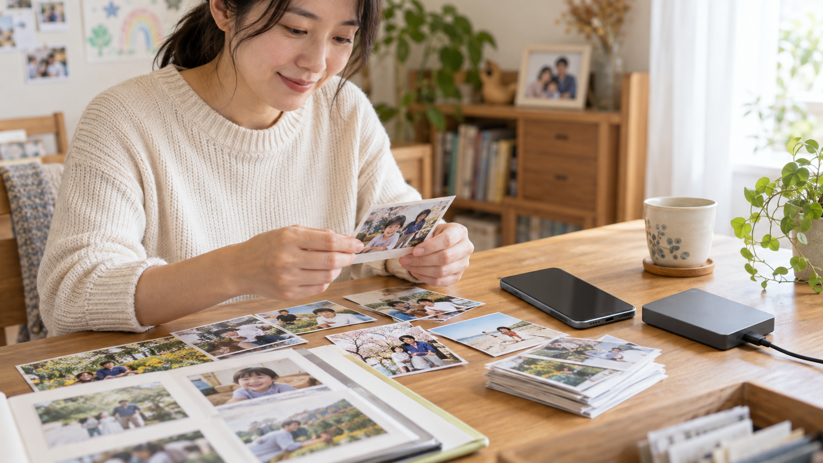 写真の保存とスマートフォンの容量を考える場面のAI生成イメージ