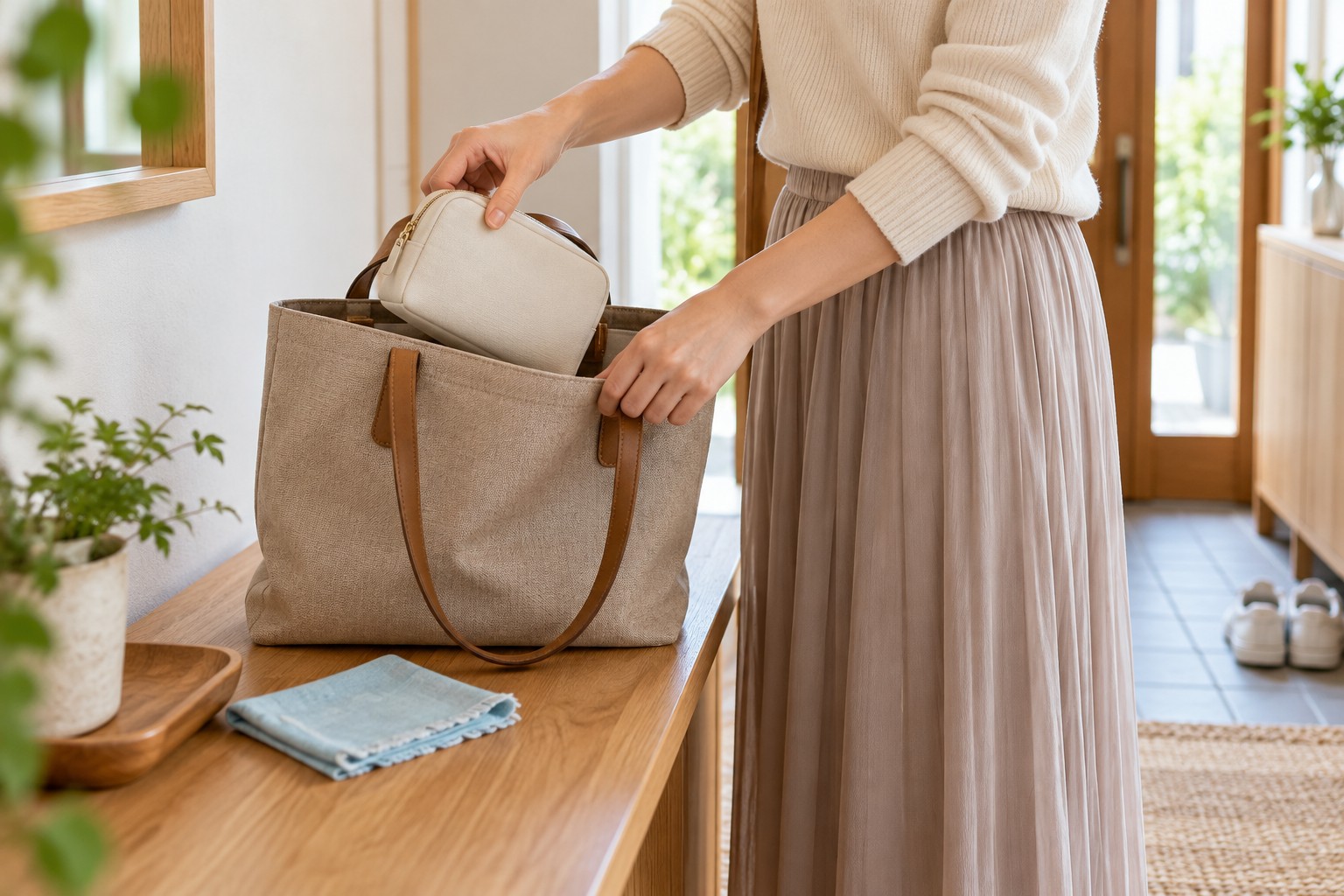 外出用バッグへポーチを入れる準備風景のイメージ