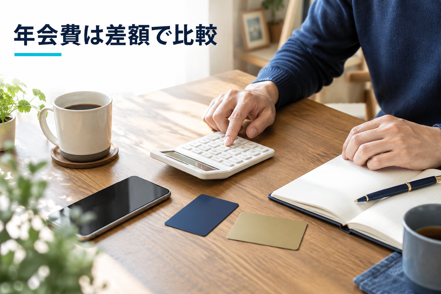 年会費と増えるポイントを計算する手元（実写風AI生成）