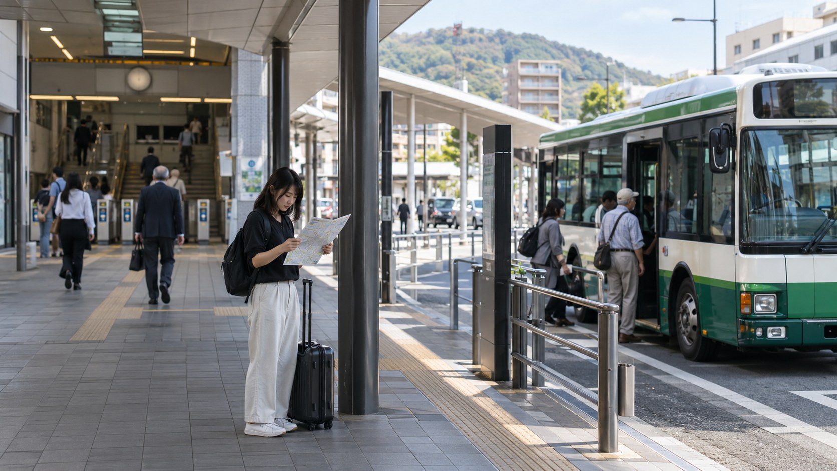 鉄道駅とバス乗り場で旅行者が経路を確認するイメージ