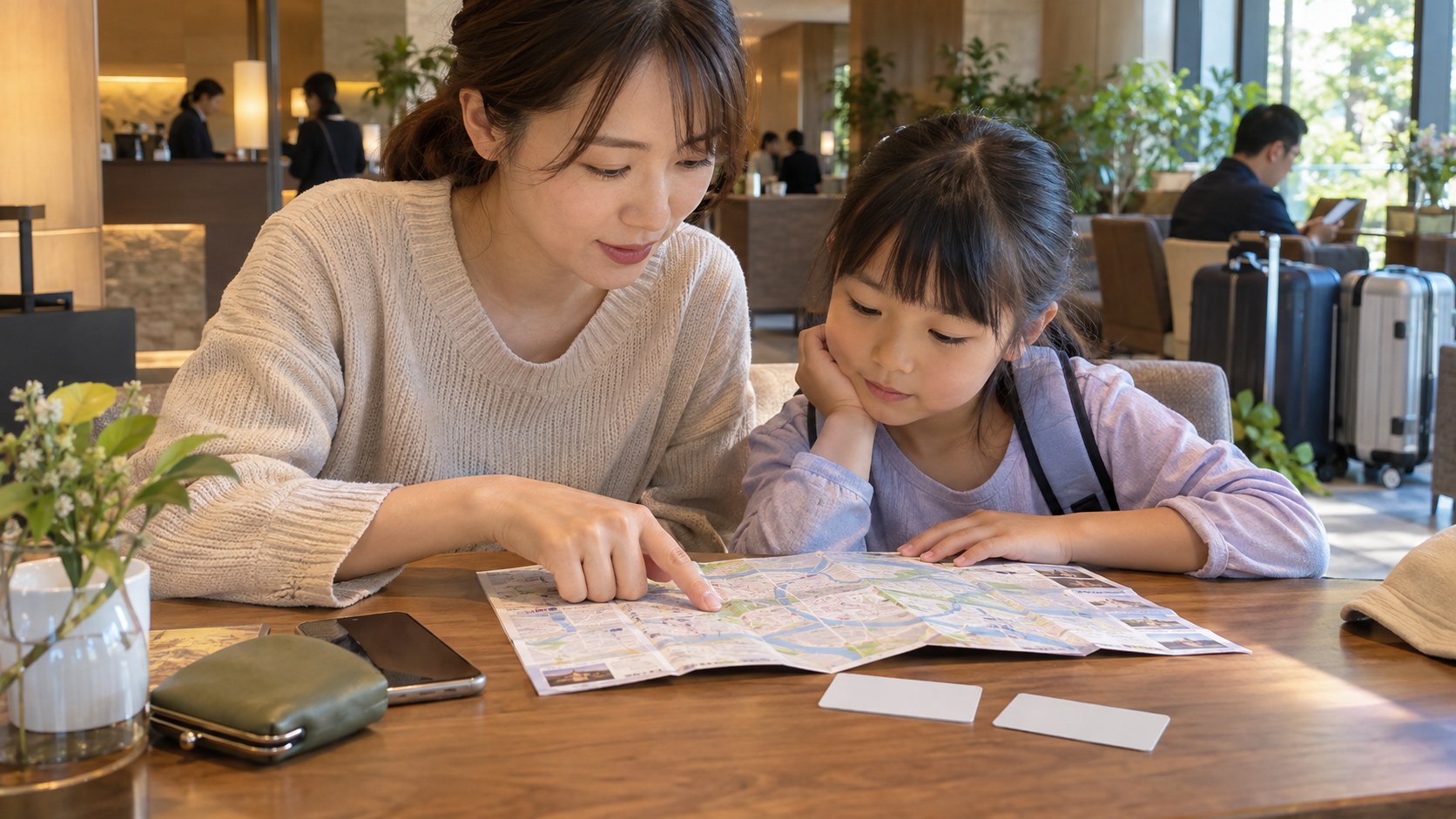 親子が旅程とそれぞれのカードを確認する旅行準備のイメージ