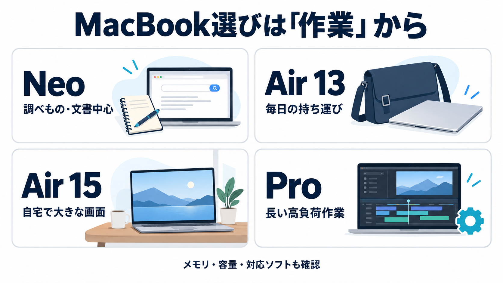 Neo・Air 13インチ・Air 15インチ・Proを作業別に選ぶ目安