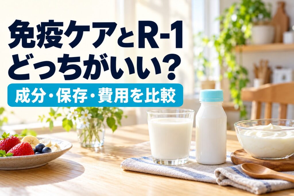 免疫ケアとR-1はどっちがいい？成分・保存・費用を比較するタイトル入り実写風AIイメージ